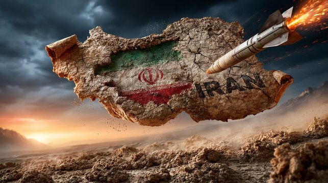 Iran under attack: A missile targets the country of Iran, depicted as a broken, floating island with its flag and name visible. The scene is set against a dramatic.