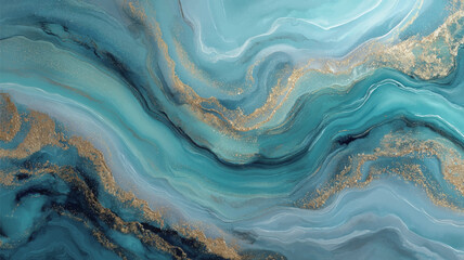 Fototapeta premium Luxury Teal Blue Liquid Acrylic Fluid Art with Gold Foil Veins. Vector illustration.