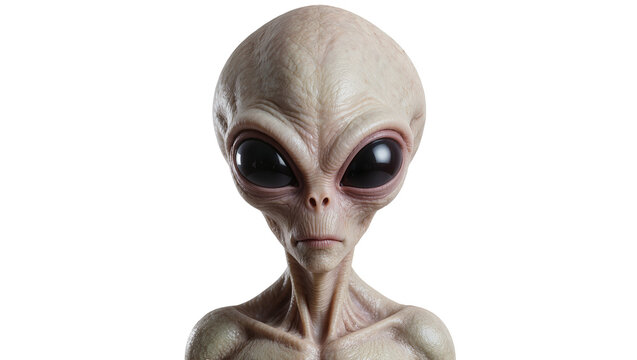 Grey alien head with large black eyes, isolated on transparent background