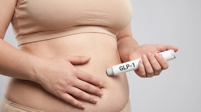 &Uuml;bergewichtige Frau verwendet einen GLP-1-Autoinjektor-Pen zur Gewichtsabnahme am Bauch. Konzept der Semaglutid-Injektion, Adipositasbehandlung und moderner Diabetes-Medikamente.