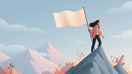 Fototapeta premium Woman on mountain summit holding white flag