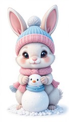 Fototapeta premium Adorable Bunny Building A Small Snowman In Winter