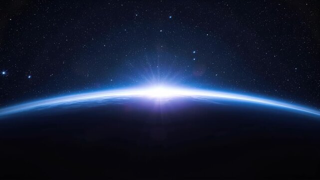 Blue sunrise over planet horizon with glowing atmosphere starry space and distant stars