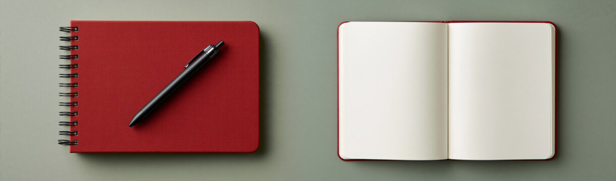 Red Notebook and Pen: A closed red notebook with a pen lying diagonally on its cover is displayed next to an open, blank notebook, symbolizing organization, ideas, and writing.