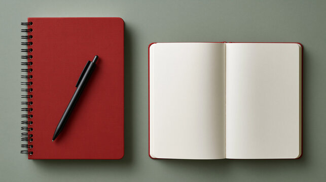 Red Notebook and Pen: A close-up view reveals a closed red spiral notebook with a black pen resting on its cover, placed next to an open red notebook with blank pages.
