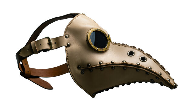Steampunk plague doctor mask with leather straps and brass goggles, isolated on transparent background