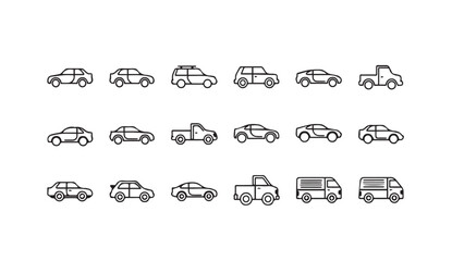 Obraz premium Collection of diverse vehicle icons in a clean white background representing transportation diversity and mobility concepts