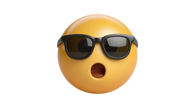 Yellow surprised emoji face with black sunglasses, isolated on transparent background