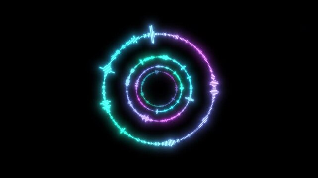 発光するカラフルな円形オーディオスペクトラムのループトンネル,音響スペクトル,波形,周波数,音楽,アルファチャンネル,A looping tunnel of glowing, colorful circular audio spectra, acoustic spectrum, waveform, frequency, music, alpha channel