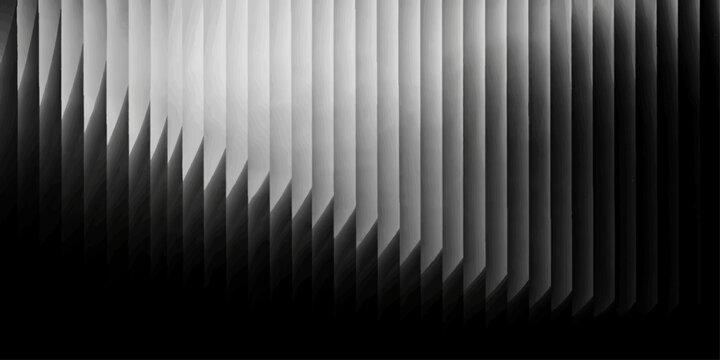 An industrial abstract black and white striped background features a metallic corrugated steel sheet texture with silver and gray lines on a dark textured surface