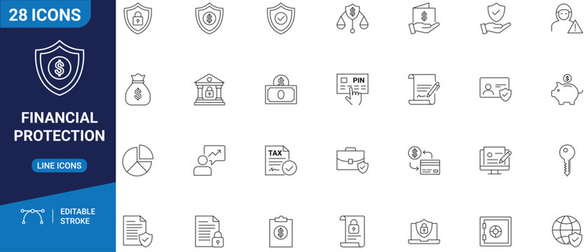 Financial protection set icon representing minimalist security elements including insurance policies, fraud prevention, and asset shielding.