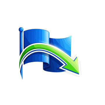 Blue flag with green arrow curving downwards.
