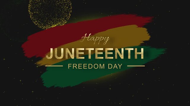 Juneteenth Freedom Day celebration video featuring gold glitter text, colourful red yellow and green brush stroke design, glowing particles, and a dark background. Emancipation day.