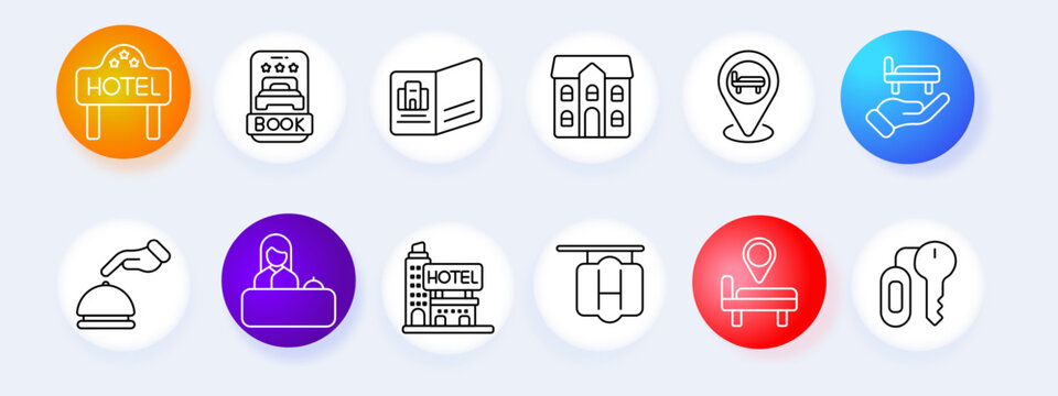 Hotel service set icon. Sign bed book brochure building location bell reception hotel hanger bench key line icons minimal outline style hospitality travel objects collection.