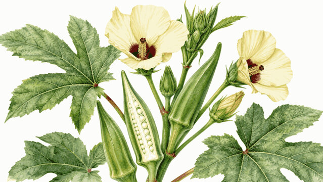 fresh pod Okra plant isolated watercolor vector illustration svg