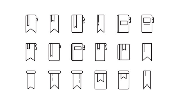 Collection of minimalist outline icons representing books and bookmarks on a clean white background