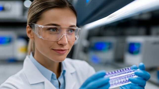 Female microbiologist in lab coat, gloves, and face shield examining microbial culture plates under a biosafety cabinet in a pharmaceutical microbiology laboratory, incubators and