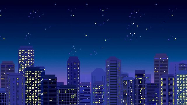 Panning shot of city skyline with skyscraper lights twinkling over urban downtown horizon at dusk into night, smooth left to right reveal of illuminated highrise buildings under starry sky