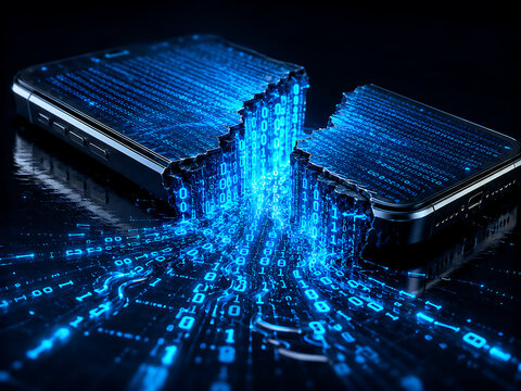 A conceptual image of a mobile phone broken in two pieces on a dark reflective surface, with glowing blue binary code pouring out, representing smartphone vulnerability and spyware.