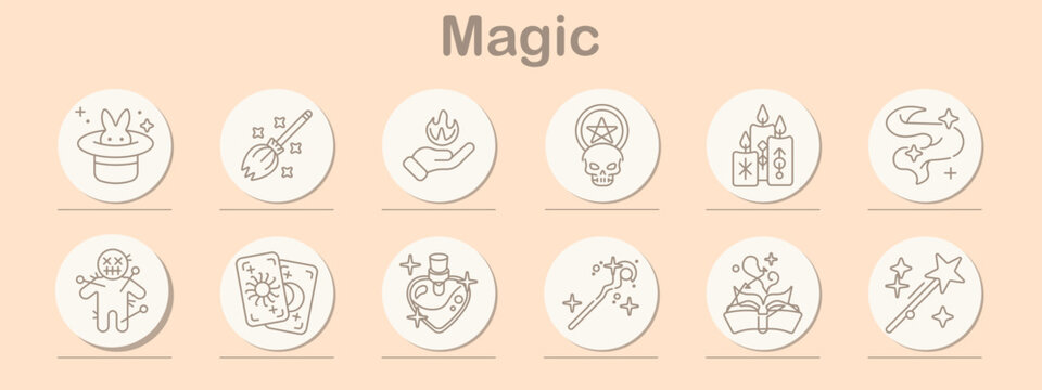Magic set icon. Line symbols depict magician hat with rabbit, flying broom, hand with flame, skull with pentagram, burning candles, ghost shape, voodoo doll, tarot cards, potion bottle