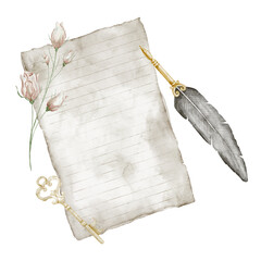 Paper watercolor illustration with feather pen and floral branch on isolated background for vintage stationery design. Art of vintage manuscript with rose flower and key for wedding invitations © Alisles