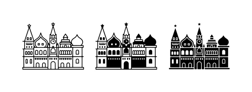 Ornate Building Icons, Russian Architecture Set, Kremlin Facade Vector Graphics