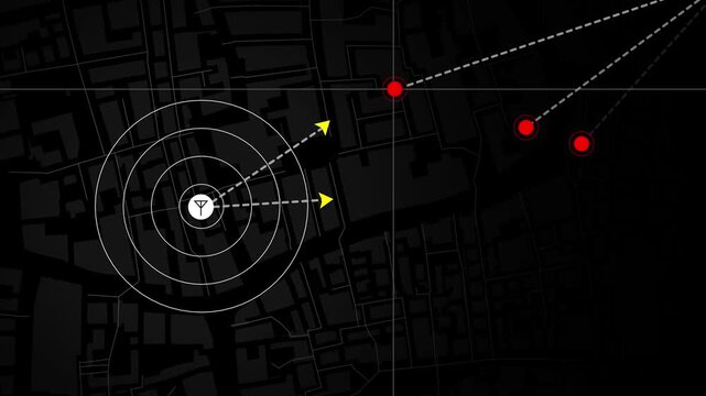 Military air defense radar screen detecting and shooting down an enemy missile. Futuristic tactical HUD interface tracking and eliminating an aerial threat, drone or plane.