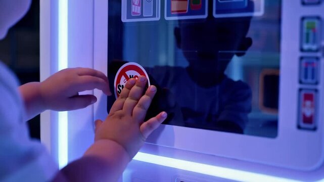Child placing no smoking sign on interactive display representing healthy lifestyle awareness and prevention of harmful habits