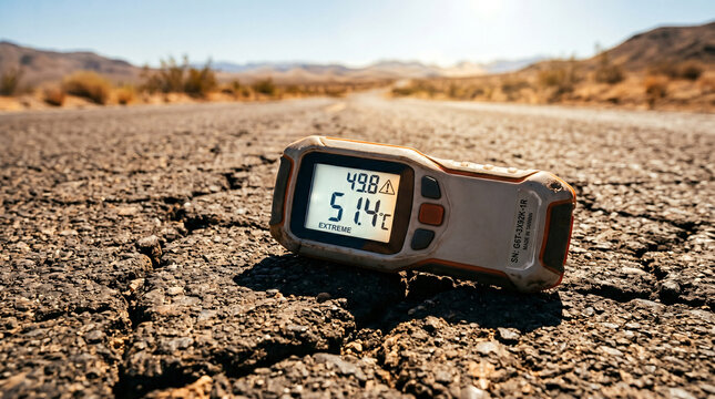 Handheld Digital Thermometer Measuring Extreme Heat on Cracked Asphalt Road