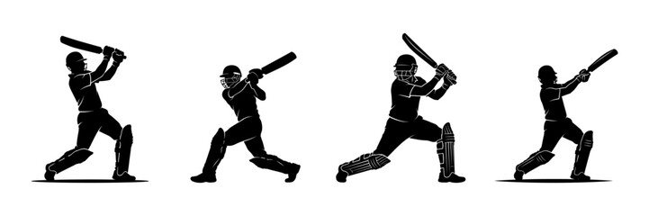 Naklejka premium Cricket player silhouettes set showing various batting stances and swinging motion.