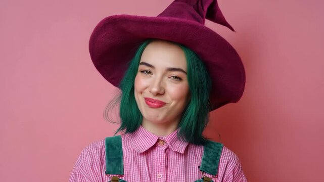 Young woman with green hair and witch hat looking surprised on pink background
