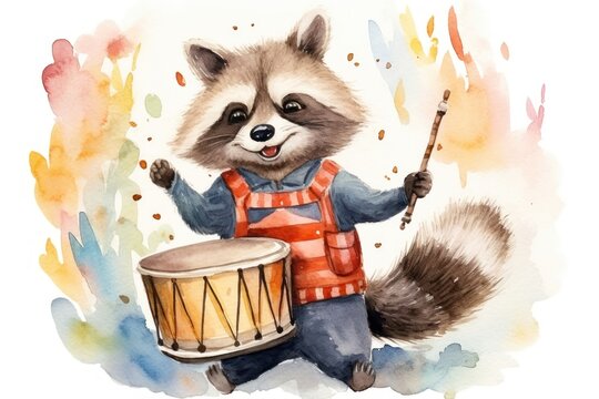 Raccoon playing drum animal mammal procyonidae.