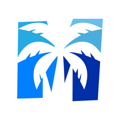 Fototapeta premium Logo agencia de viajes. Vacaciones de verano. Tipografía con letra M con dibujo minimalista con la silueta de una palmera en espacio negativo