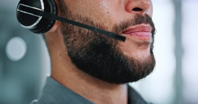Agent, mouth and consulting on headset in call center for customer service, online help and CRM. Contact us, happy consultant and talk on microphone for inbound client query, helpdesk and assistance
