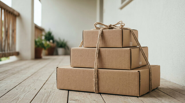 Three stacked cardboard boxes tied with twine on a wooden porch floor
