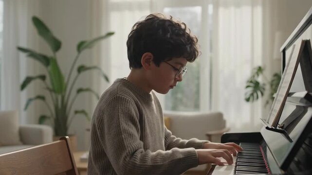 Young asian boy playing piano at home in a bright living room. Quiet music practice in a cozy family home with natural light and houseplants.