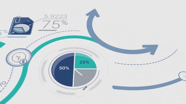 Business infographic animation path with step-by-step numbers, moving arrows, and data charts. Corporate timeline process visualization on a white textured background.