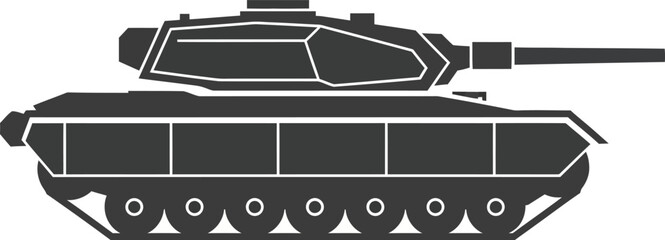 Heavy military tank vector icon for defense and warfare. Armored combat vehicle silhouette design for army battle history and security concepts. © Vhya