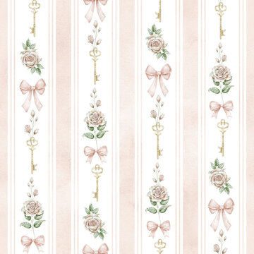 Rose seamless striped pattern with floral bouquets and ribbon decorations. Watercolor illustration of vintage background with flowers, bows and keys for wallpaper and textile. Pink pastel backdrop