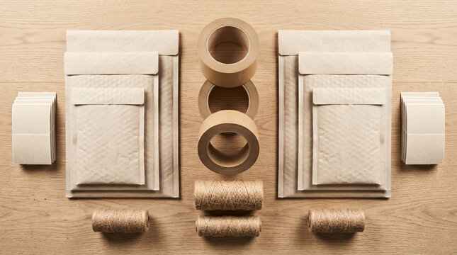 Sustainable Brown Kraft Paper Shipping Supplies Arranged On Wood Table