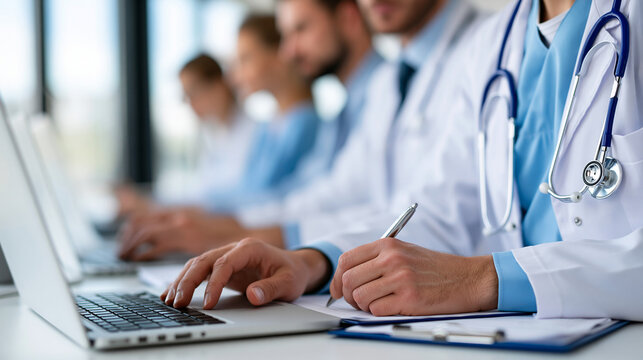 Medical team of doctors using computers and writing notes in a bright modern clinic, collaborative healthcare and patient record management concept, faceless, defocused, with copy