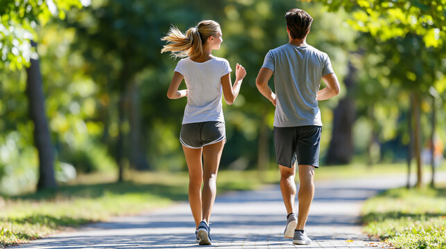 Athletic couple jogging together on a sunlit park path surrounded by green trees, healthy lifestyle and outdoor fitness concept, faceless, defocused nature background, with copy