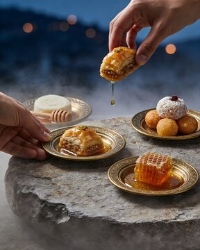 Traditional layered Albanian Flija pancake with honey on a rustic platter, misty morning view