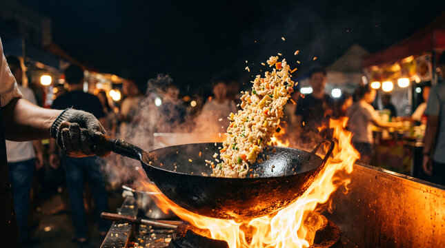 Professional chef flipping fried rice in wok with flames at night