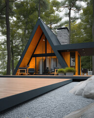 Obraz premium Modern small frame cabin forest glass deck chimney, warm interior light glowing beside stone fireplace, peaceful woodland retreat