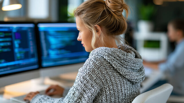 Back view of a female programmer analyzing code on large monitors in a tidy office, software development and debugging concept, faceless, defocused workspace background, with copy