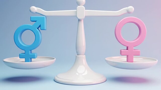Gender equality concept with male and female symbols balanced on scales of justice