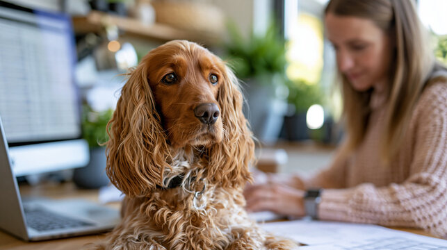Woman working on spreadsheets at a home office desk with a calm spaniel sitting nearby, focused remote work with pet companion concept, faceless, defocused, with copy space
