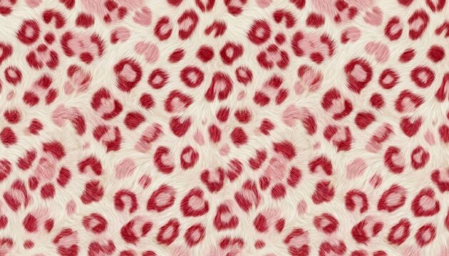 White faux fur texture featuring pink and red leopard spots across the image. Patterned background useful for fashion themes, social media graphics, and product presentation.