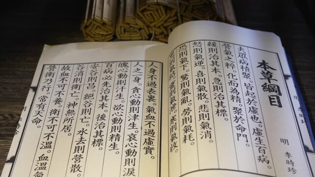 Ancient Chinese calligraphy manuscript and bamboo scroll books on wooden table in China